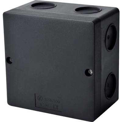 Black plastic enclosure with cable entry openings on top and bottom. Suitable for electrical installations.