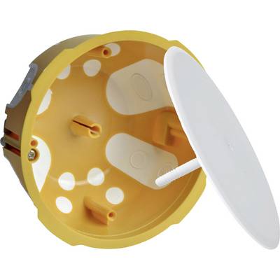 Yellow plastic hollow wall box with a removable white cover and screw mounting, suitable for electrical installations.