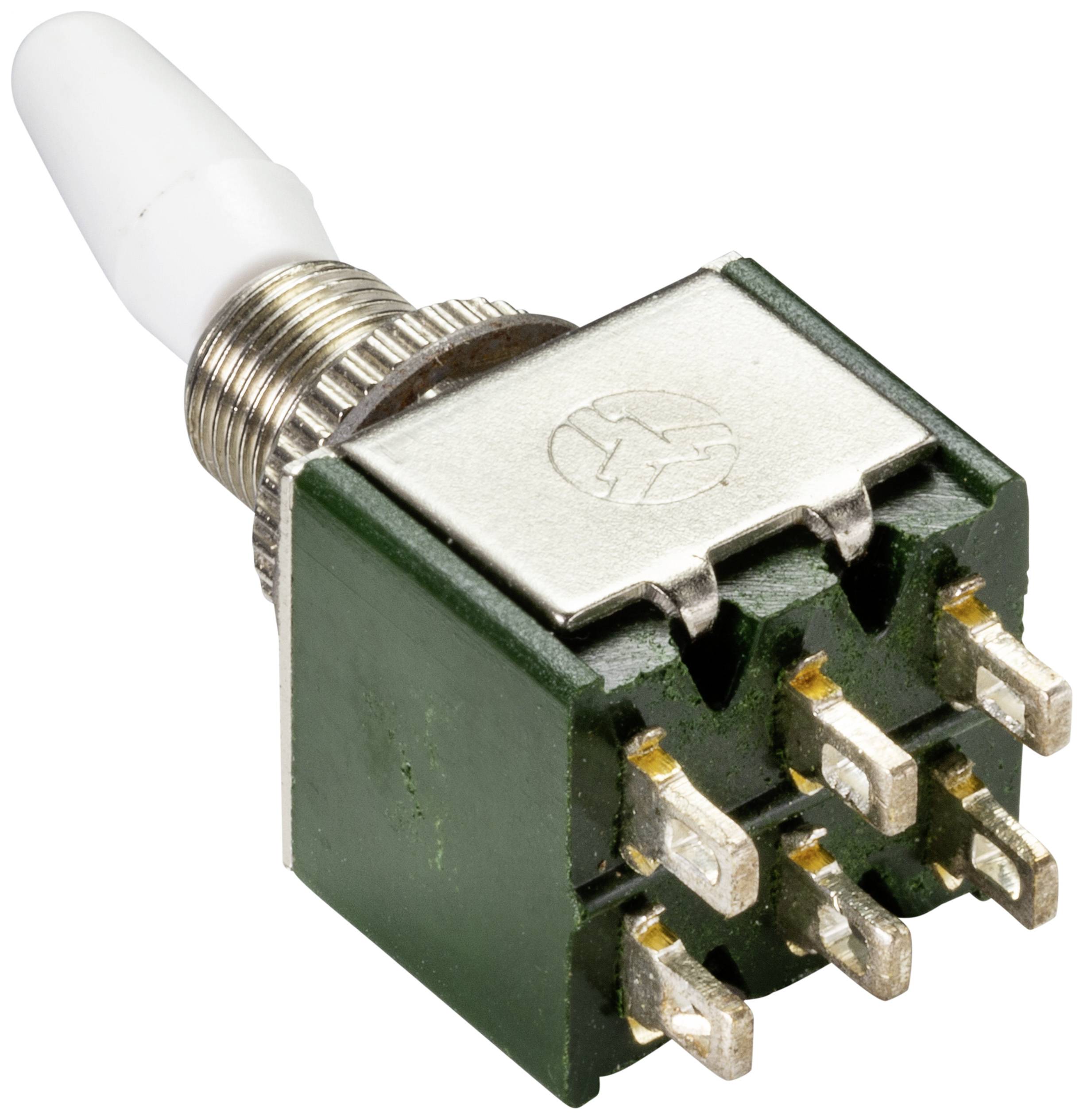 A green rocker switch with six terminals and a white lever.