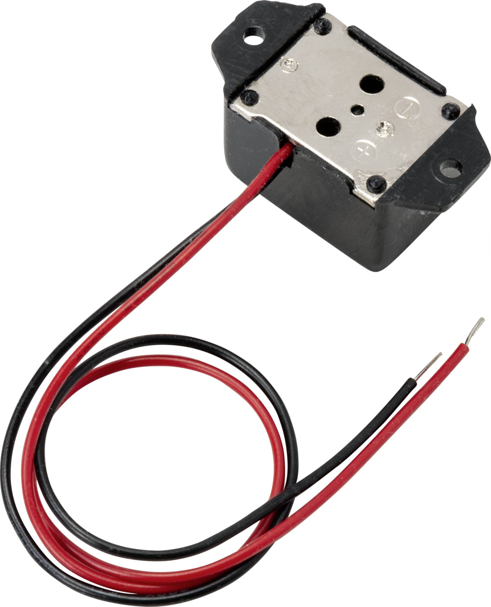 'A rectangular magnet with two wires, one black and one red, used for electrical applications.'