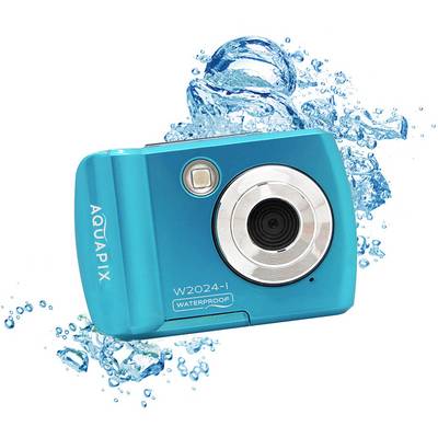 Blue waterproof digital camera, Aquapix W2024-I model, splash-proof, suitable for underwater photography.