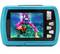 The image shows a digital camera with a display depicting a person snorkelling while holding a starfish.