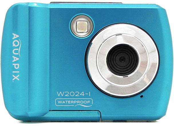 A blue waterproof digital camera with the inscription 'AQUAPIX W2024-I'.