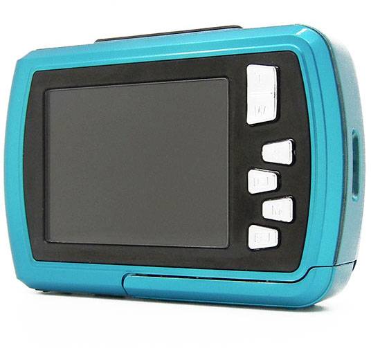 A blue portable device with a large screen and five white buttons on the right side.