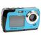 Digital camera with a blue casing, model 'AQUAPIX W3048', featuring a display and a lens on the front.