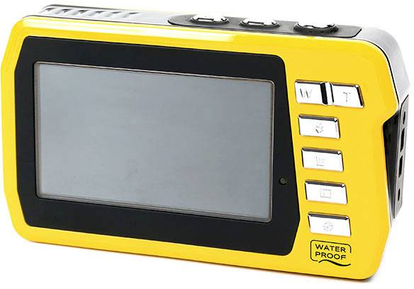 Yellow, waterproof camera with screen and side control buttons.