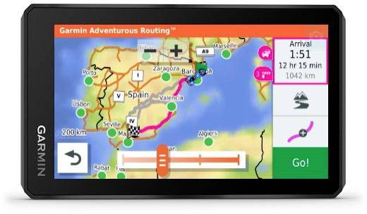 Navigation device with a map of South-West Europe, marked route and travel details: 'Arrival at 1:51 am, 12 hrs 15 mins, 1,042 km'.