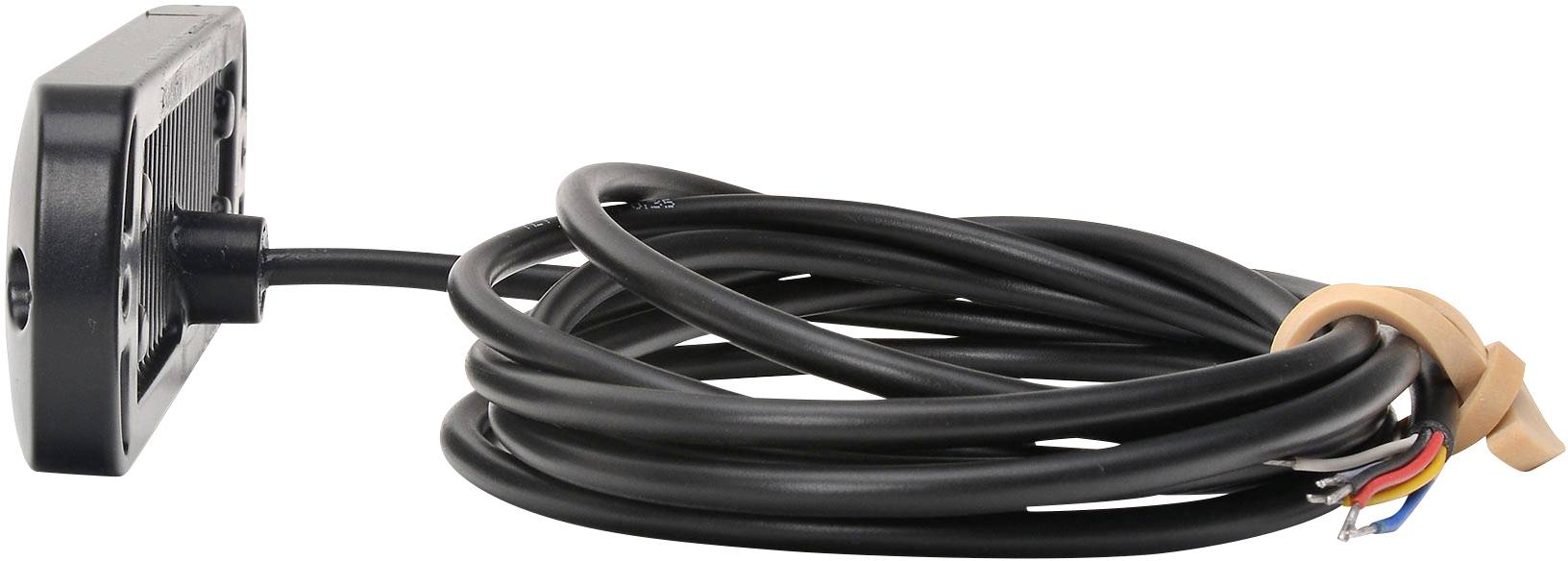A black cable with multiple coloured wires on one side and a rectangular connection plate on the other side.