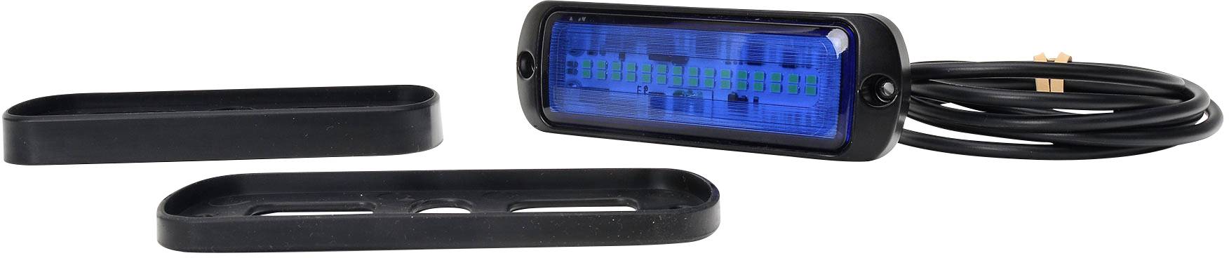 Small blue LED light module with two black mounting brackets and a cable, suitable for installation in vehicles or machinery.