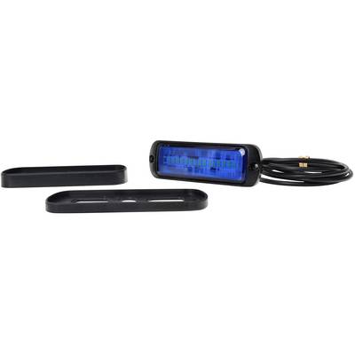 Small blue LED light module with two black mounting brackets and a cable, suitable for installation in vehicles or machinery.