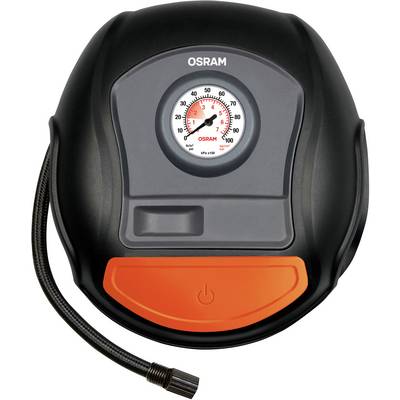 A black, round compressor by OSRAM with a pressure gauge on the front. An orange power button is visible at the bottom.