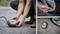 'A person is checking tyre pressure with a portable pump. The image above shows attaching the pump to a car tyre valve.'
