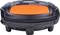 Robotic lawnmower from the front, black with an orange cover and on/off switch on top.