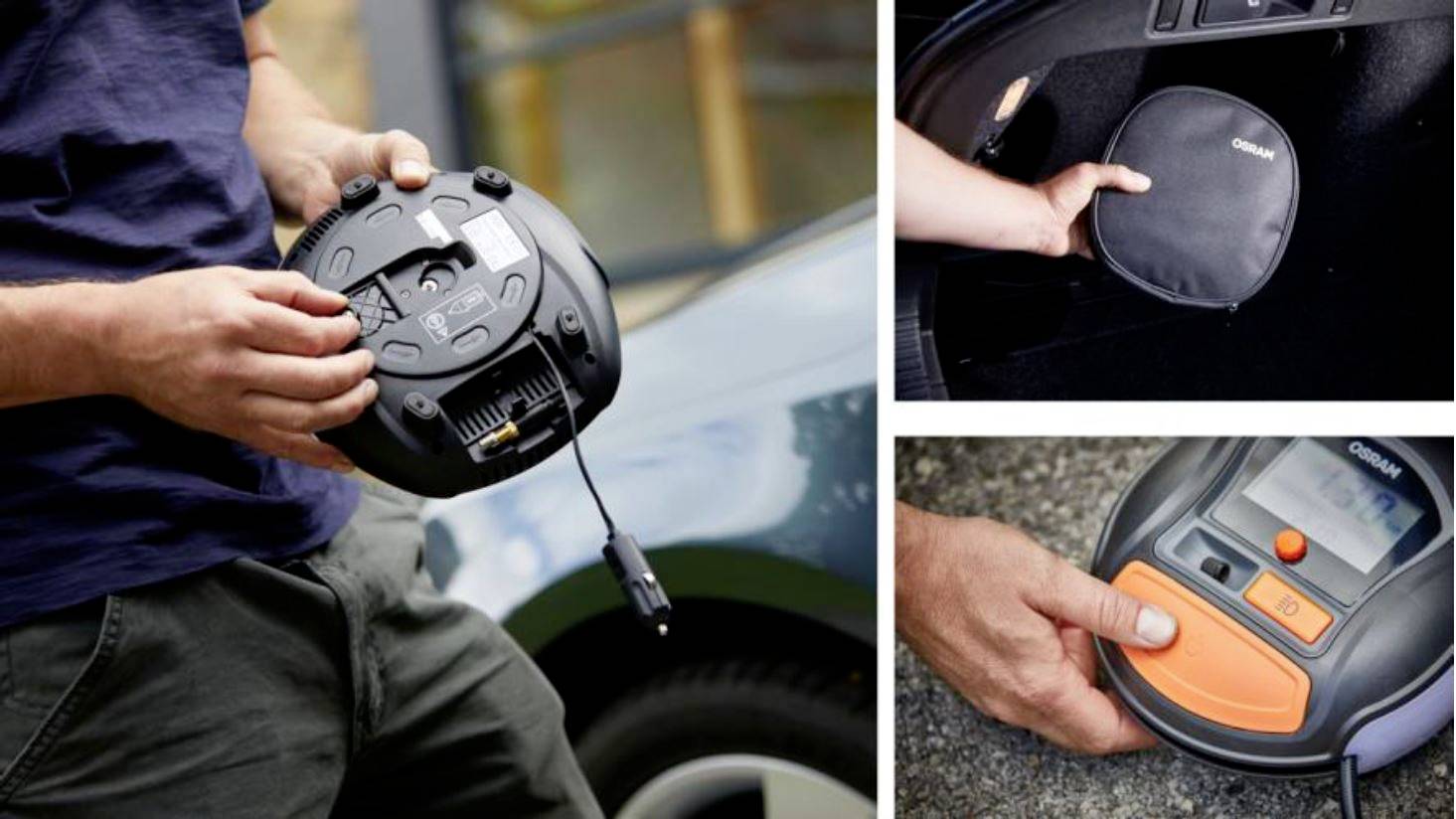 A person demonstrates the use of a portable air compressor in three steps: connection, storage in the car, operation.