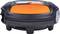 Round, flat robotic vacuum cleaner with a black base and orange cover.