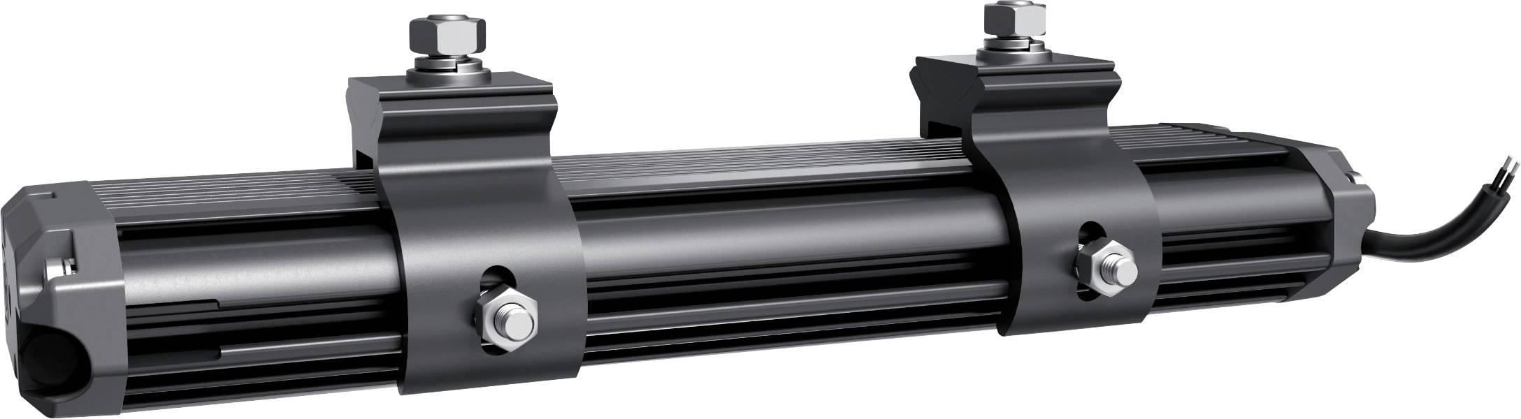 Black cylindrical electric motor with two mounting terminals and cable on the right side, horizontally aligned.