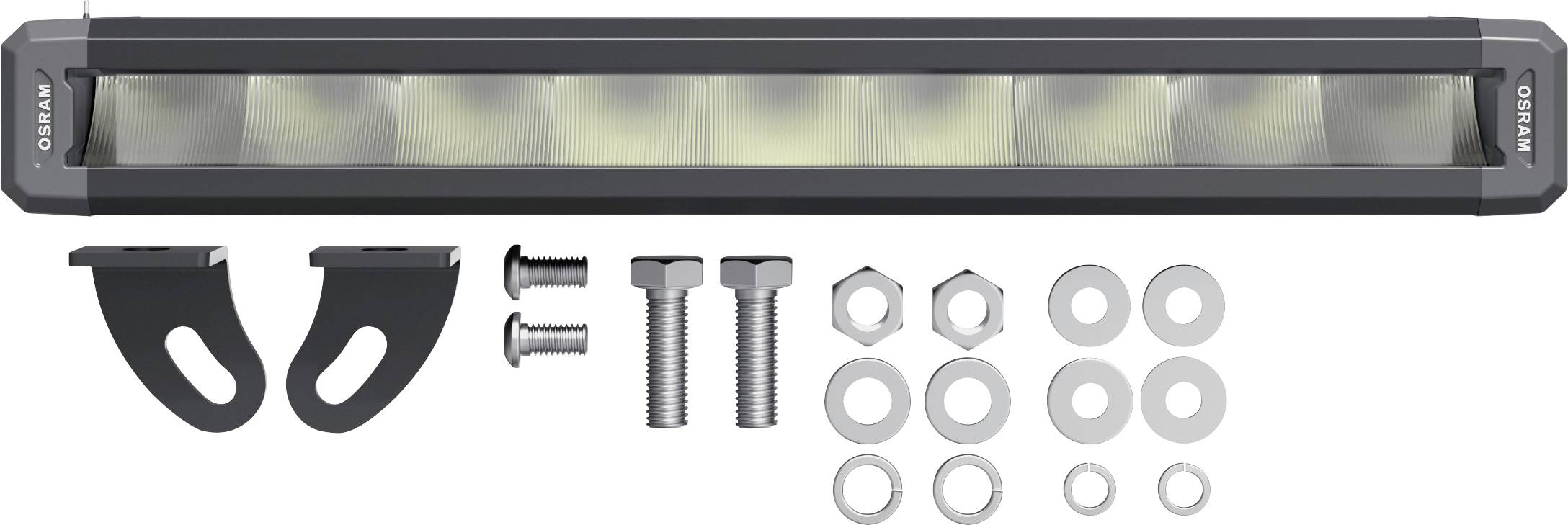 LED light bar with mounting hardware, including brackets, screws, nuts and washers for installation.
