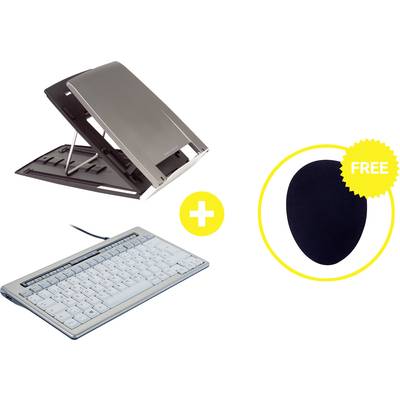 Laptop stand and white keyboard, with a yellow plus sign beside it. On the right, a black circular mousepad with the text 'FREE'.