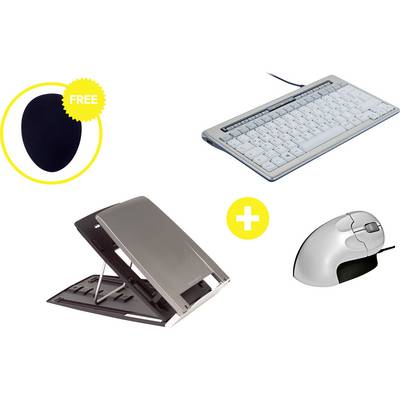 A computer keyboard, a silver mouse, a laptop stand and a free black mouse mat pictured.