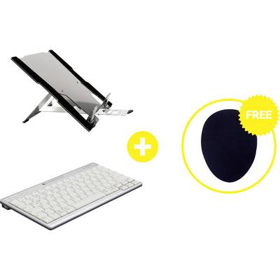Laptop stand and wireless keyboard; free mousemat included. Perfect for ergonomic workspaces.