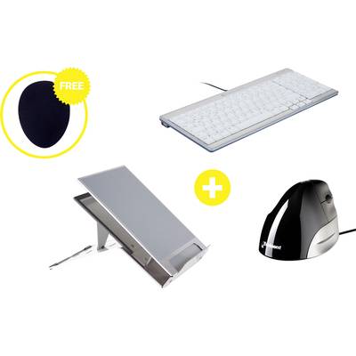 Vertical mouse, ergonomic keyboard, laptop stand and free mousemat combine to create an ergonomic workplace set.