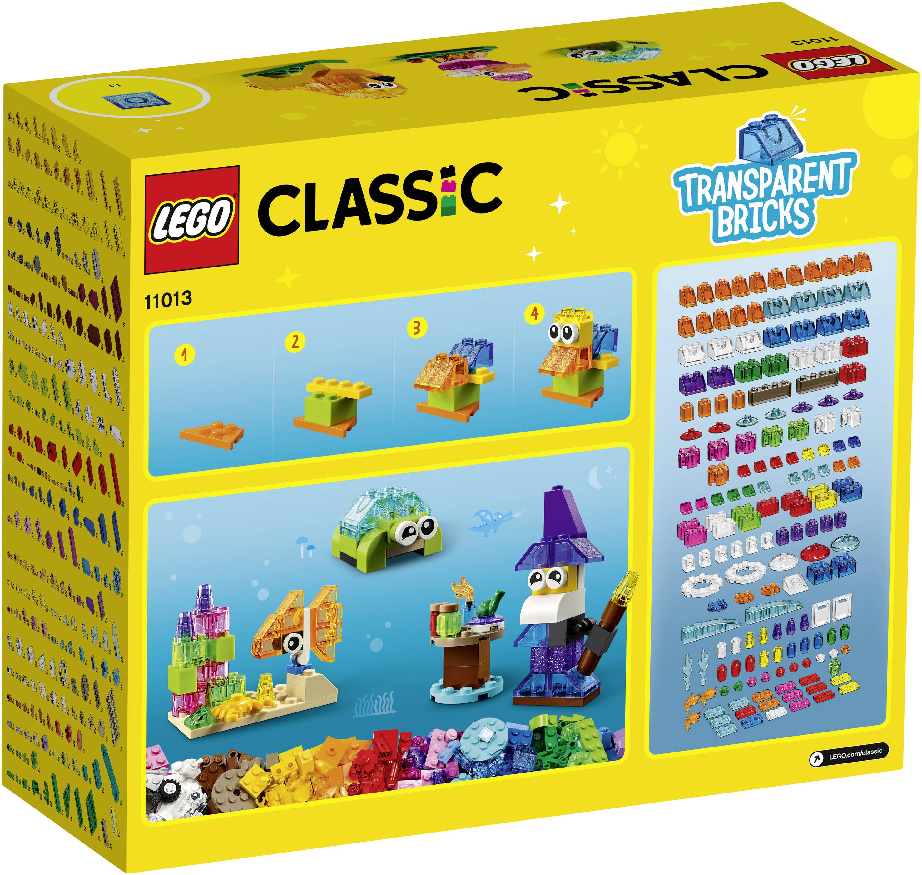 LEGO Classic Set 11013 'Transparent Building Bricks' packaging shows inspiring build ideas and an overview of the included parts.