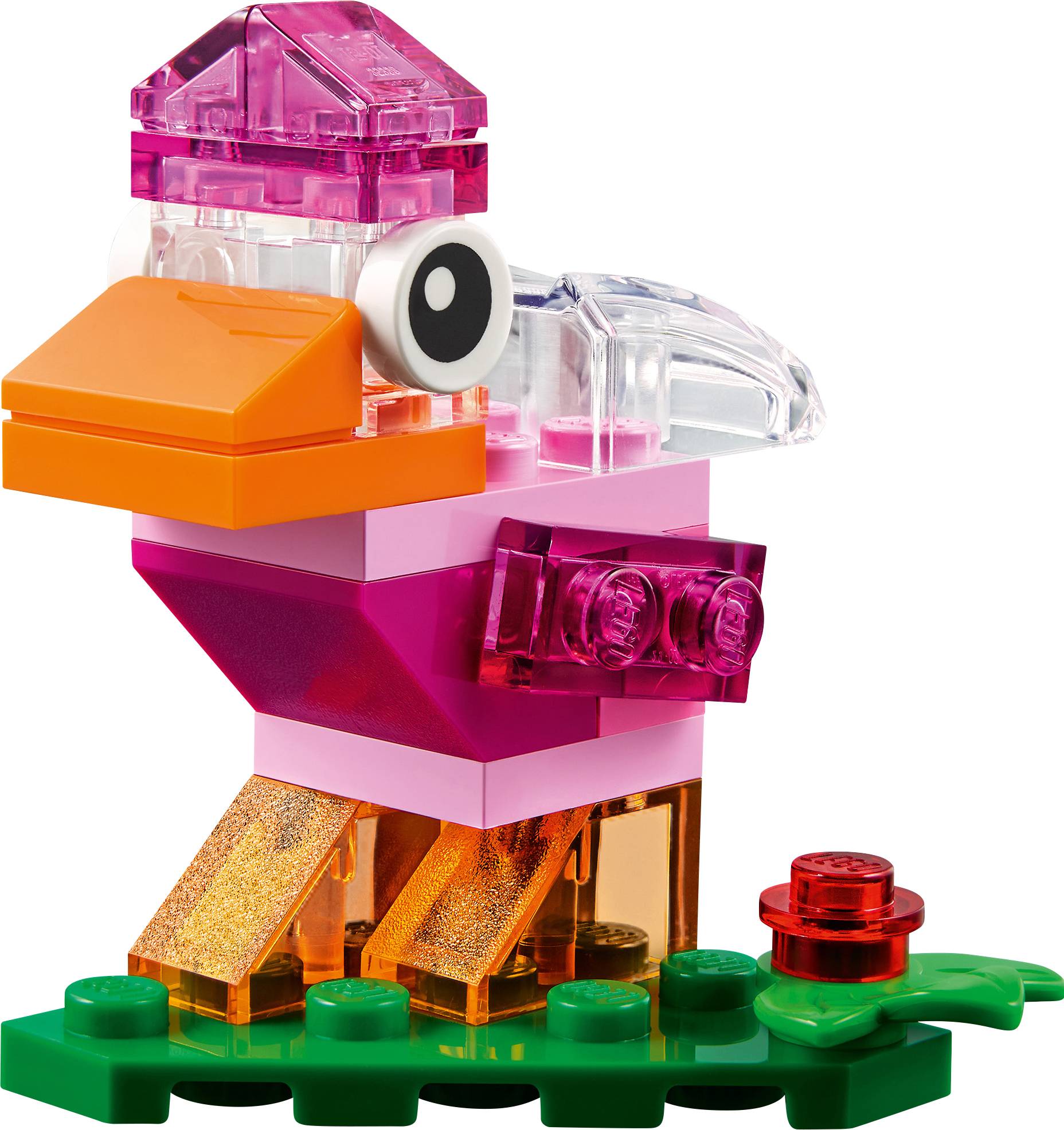 LEGO bird model with pink, orange, and transparent bricks, sitting on a green base with a red flower element.