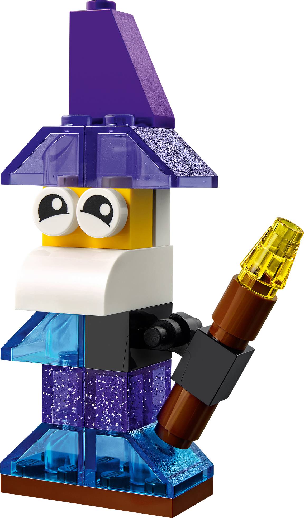 A colourful LEGO model of a wizard wearing a blue cloak, purple hat, and holding a staff in his hand.