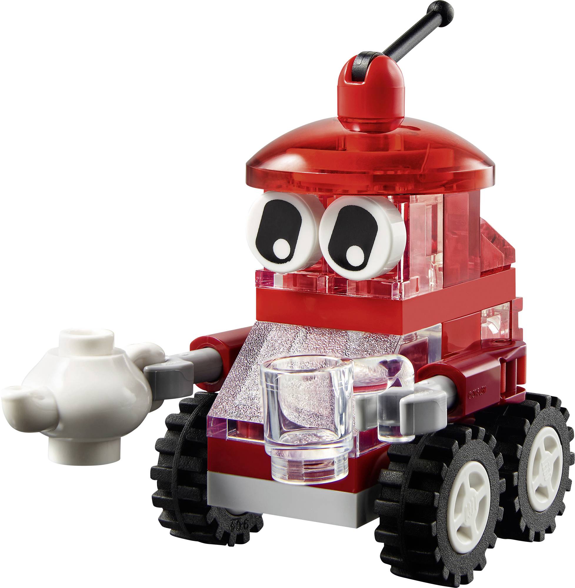A small robot made of red and white Lego bricks with large eyes and black wheels is holding a white cup.
