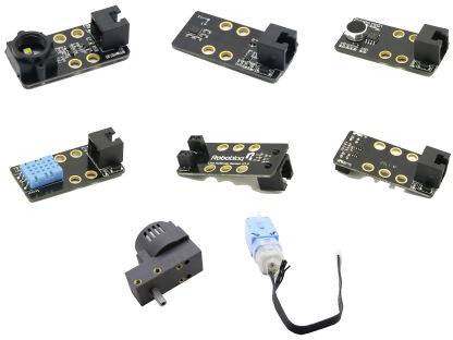 Several electronic sensors and modules, including a moisture sensor, a microphone module and other boards, on a white background.