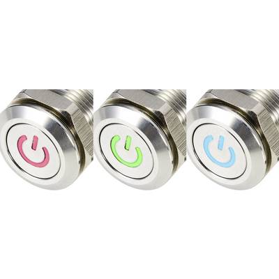 Three round metal buttons with illuminated power symbols in red, green and blue mounted side by side.