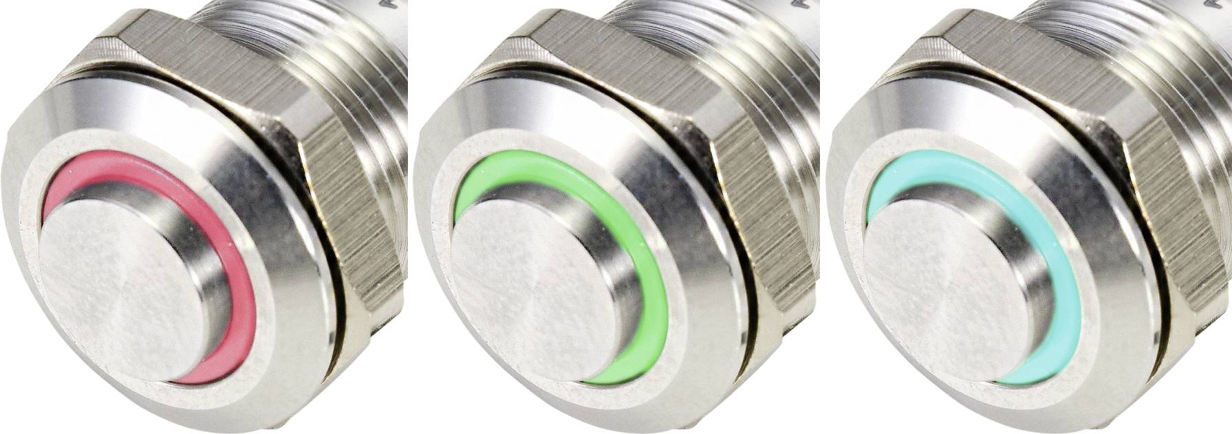 Three metal buttons with coloured light rings: red, green, and blue. The buttons appear to be mounted on an electronic device.