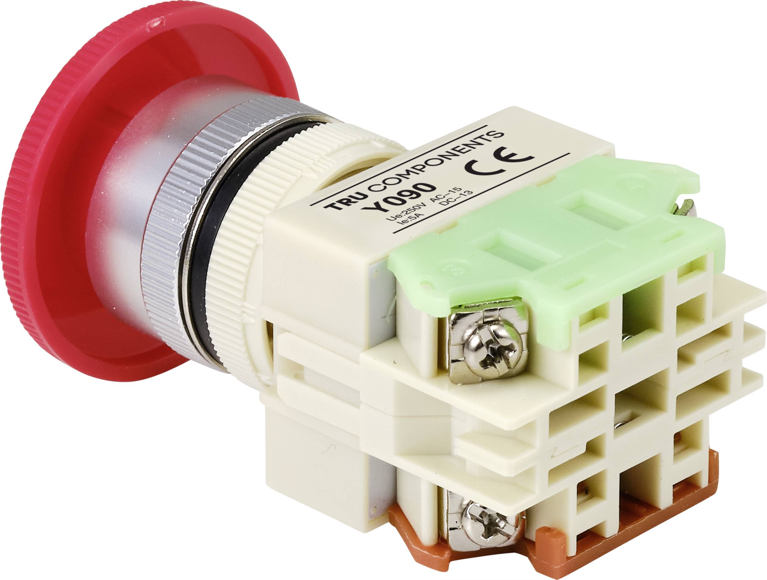 Emergency stop switch with red button and TRU COMPONENTS label, Model Y090. Rear view shows electrical connection terminals.