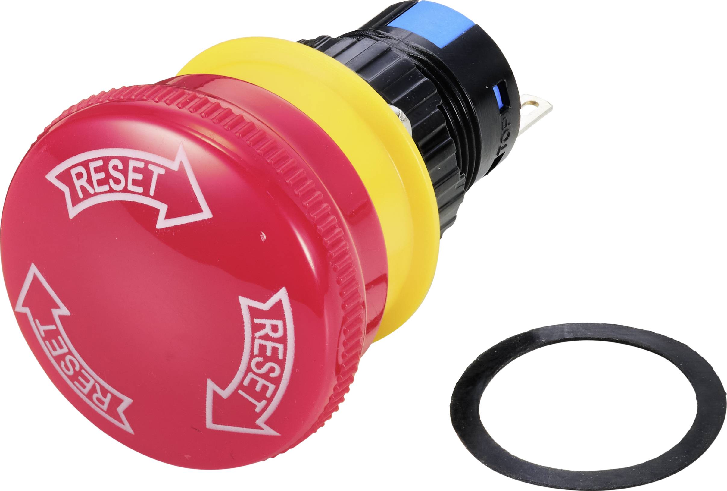 Red round button with 'Reset' arrows and yellow base, next to a black sealing ring.