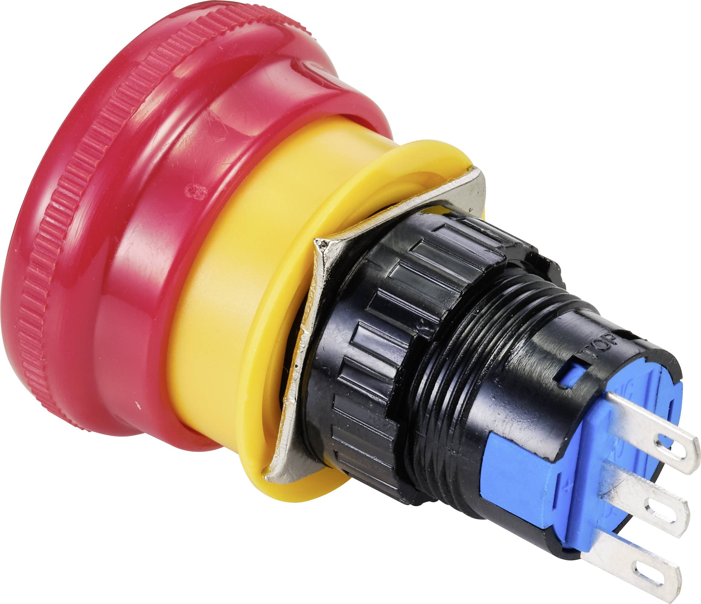 Emergency stop switch with red cap and yellow housing, mounted sideways.