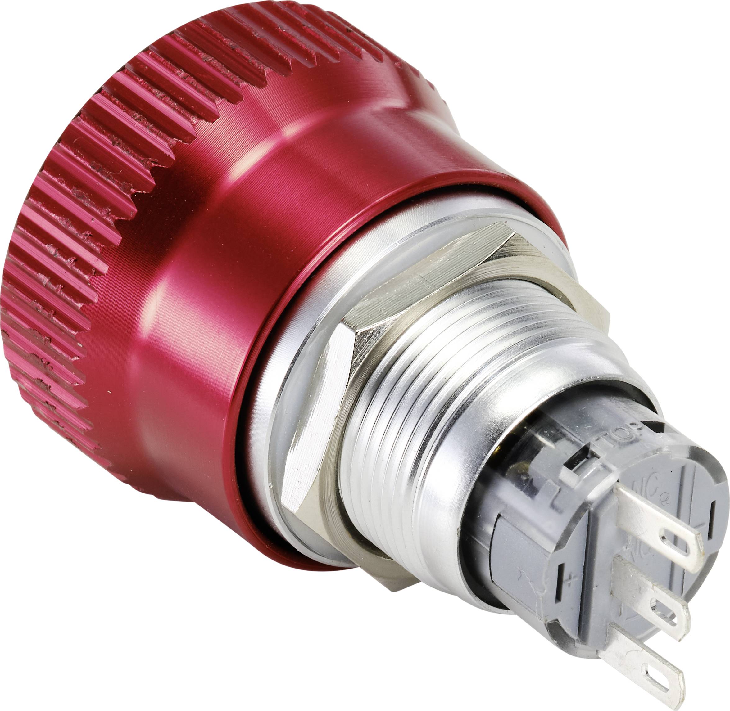 A red, metallic rotary knob with a knurled edge and connection pins on its underside.