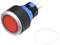 A red push-button in a cylindrical form with a blue mounting and three metal contacts, alongside a white sealing ring.
