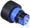 A blue round button switch with a black casing and silver rim. The metal pins on the back are for electrical connection.