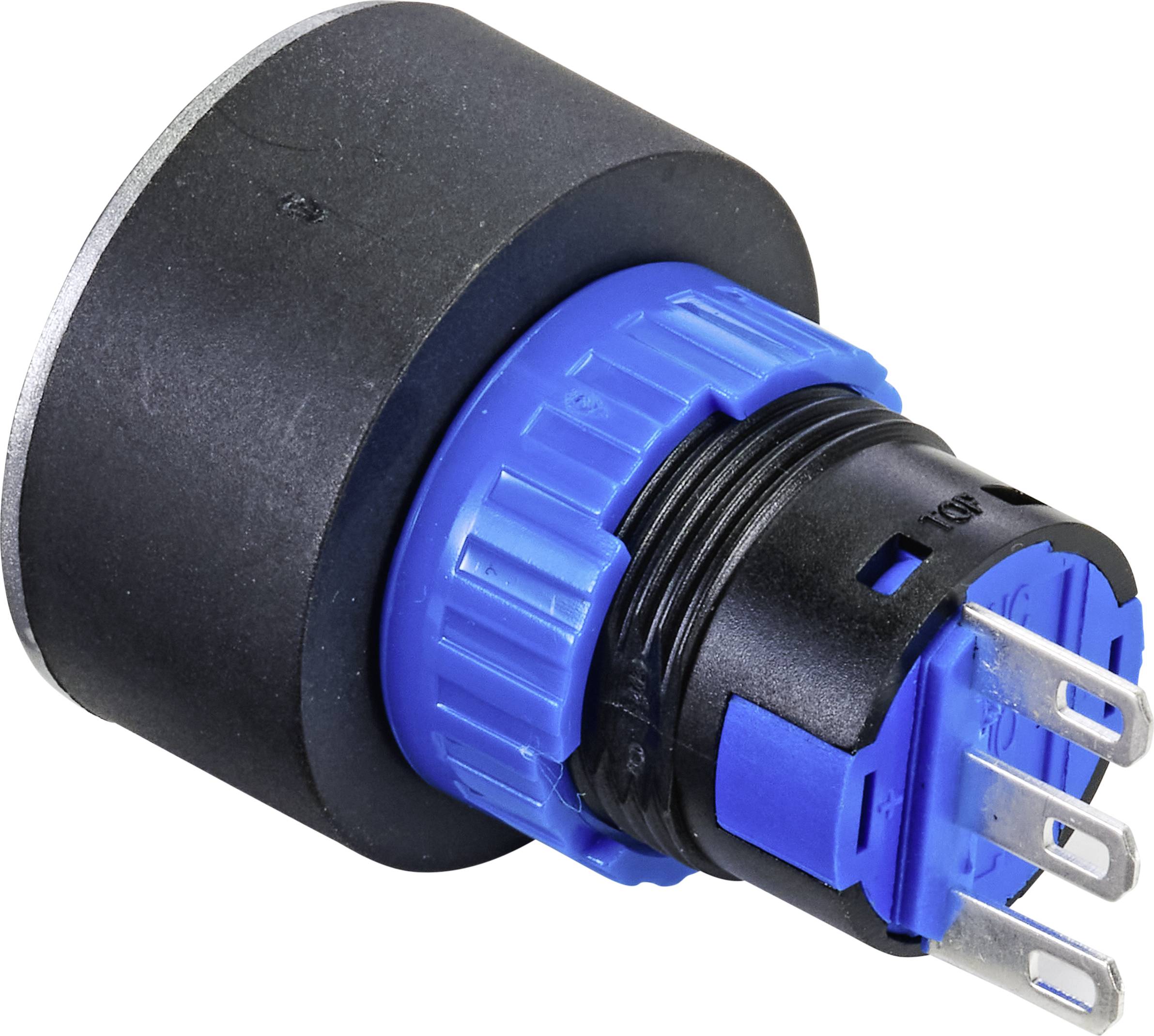 A blue and black electrical switch with a metal casing and multiple connection terminals, showing the underside.