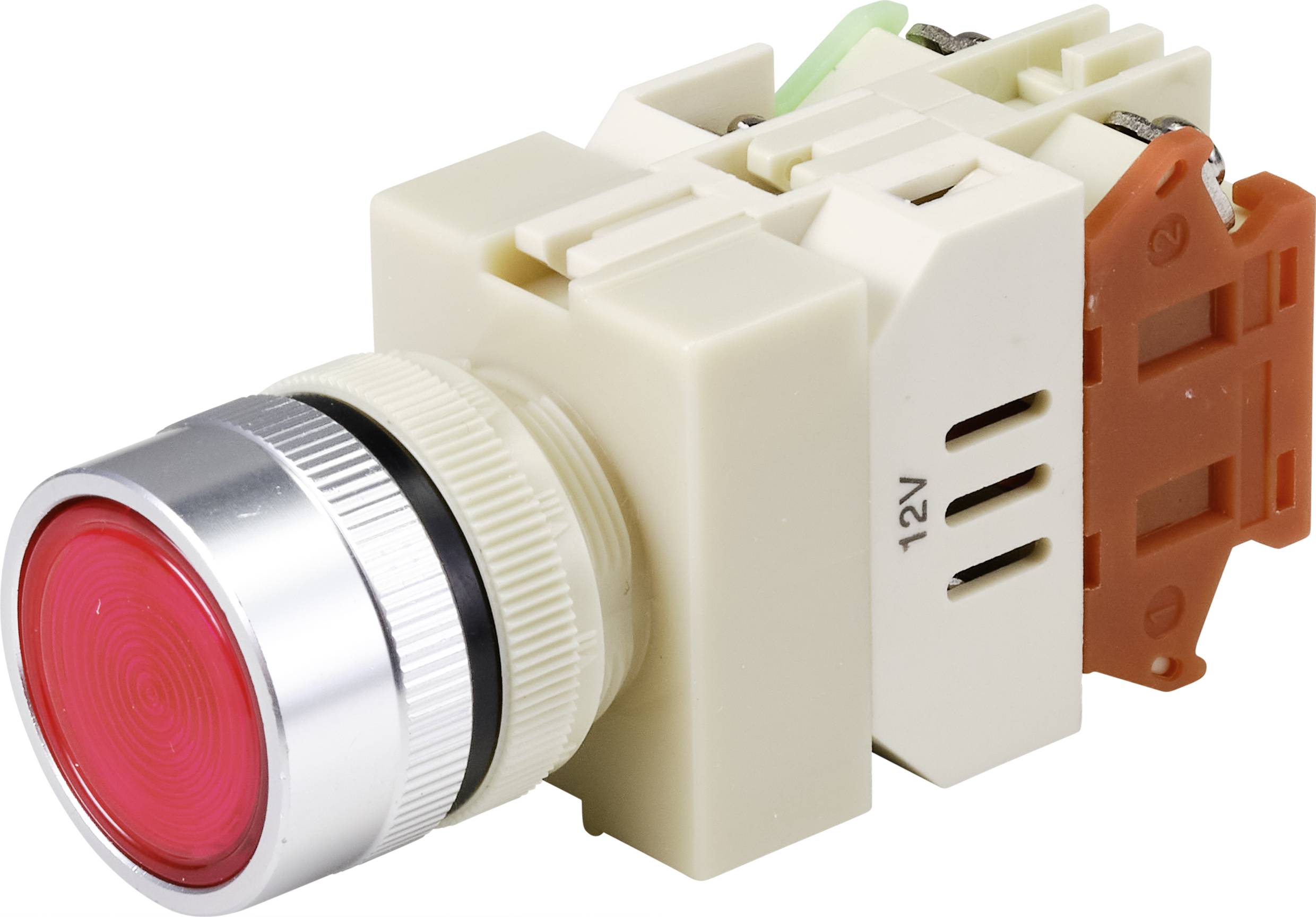 A red push button with a silver rim, mounted on a white casing with cable connections, labelled '12V'.