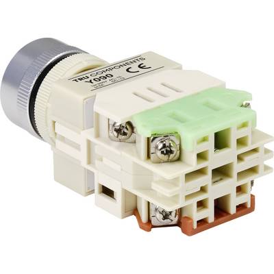 Industrial switch with a plastic casing, secured by metal screws. Two cable connections are visible at the bottom.