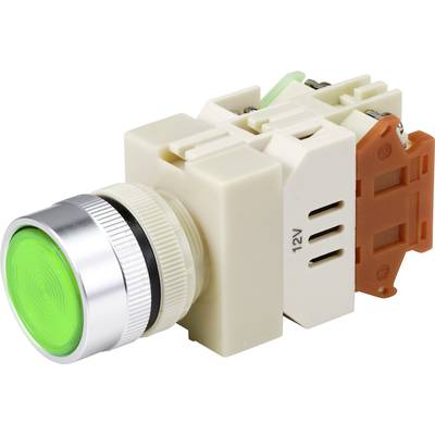 Green push button with silver rim, mounted in a white plastic base, with orange connection on the side.