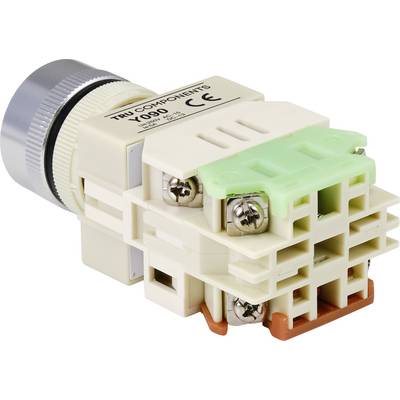 An electronic component with a white plastic housing, green and red element. Labelled with 'TRU COMPONENTS' and 'CE'.