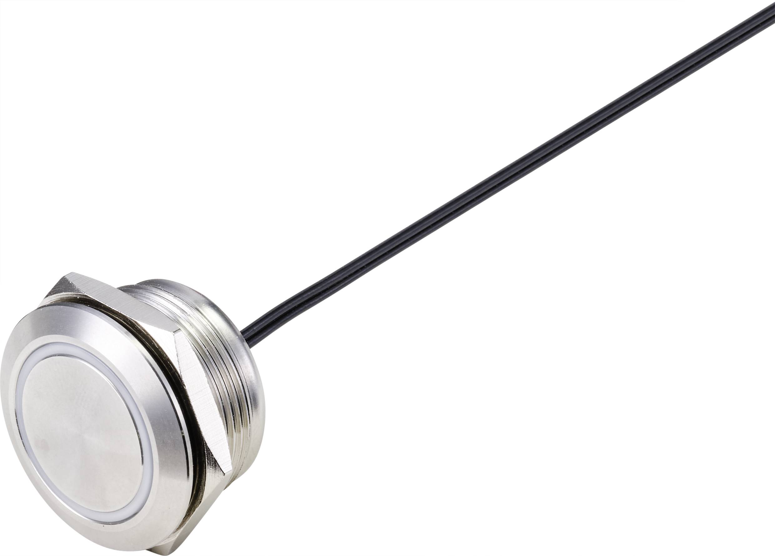 A round, metallic press button with threading, connected to a black cable.