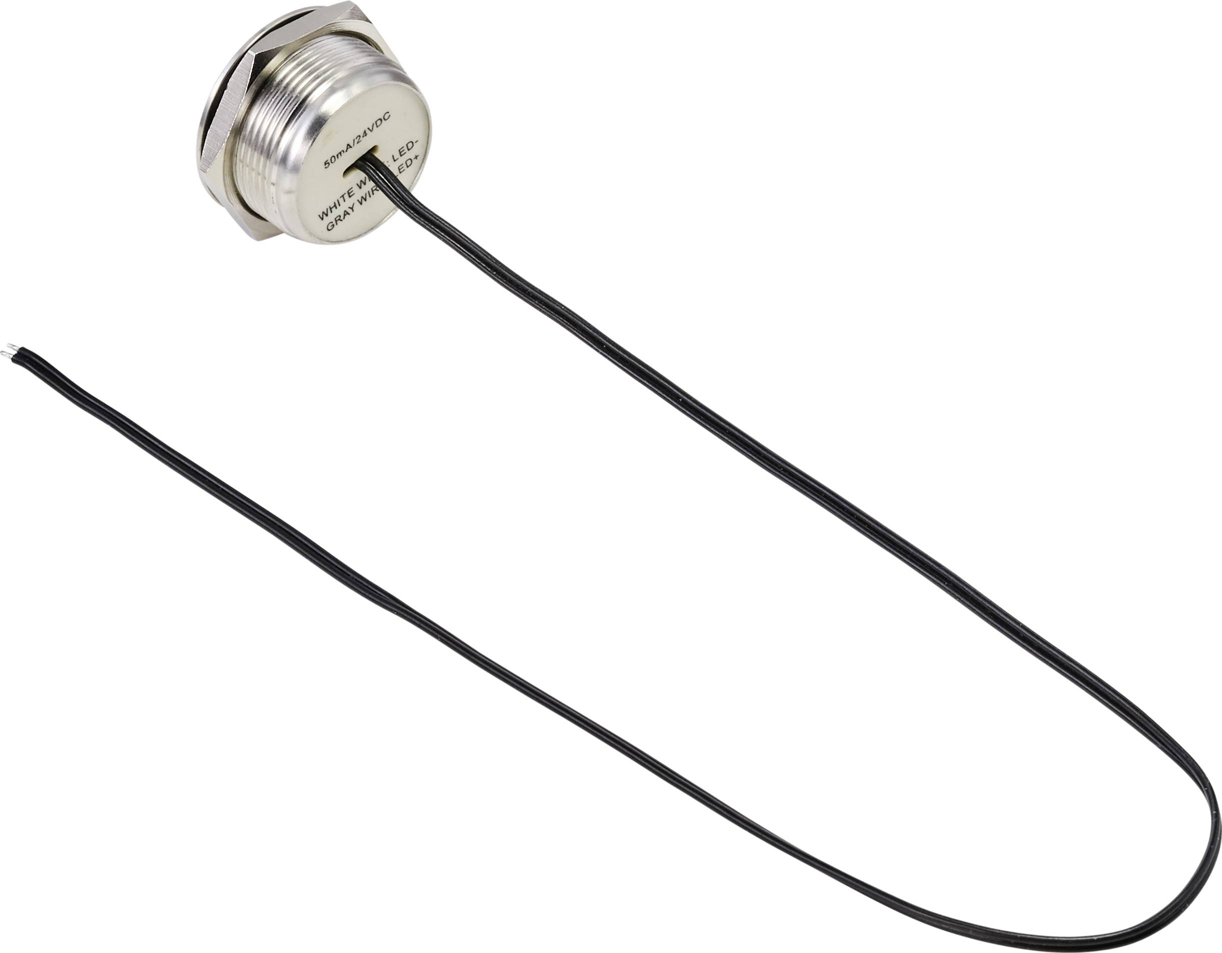 A cylindrical metal button with two black cables for electrical connection. It is used in electronic devices.
