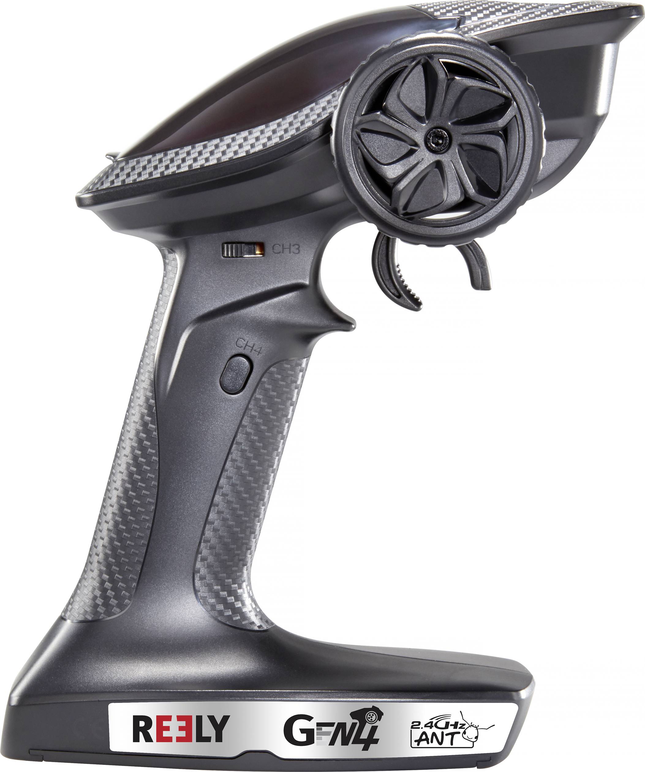 A black remote control with a fashionable design and three logos on the underside. A rotary dial is located on the front right.