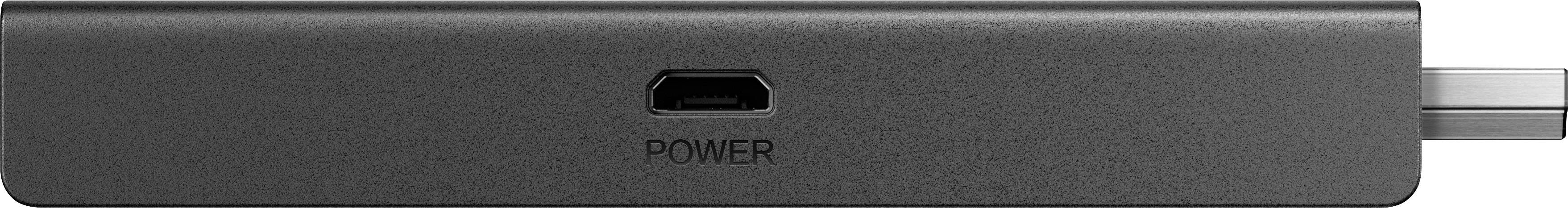 A rectangular black device with a micro-USB port labelled 'Power'. The cable is plugged into the port.