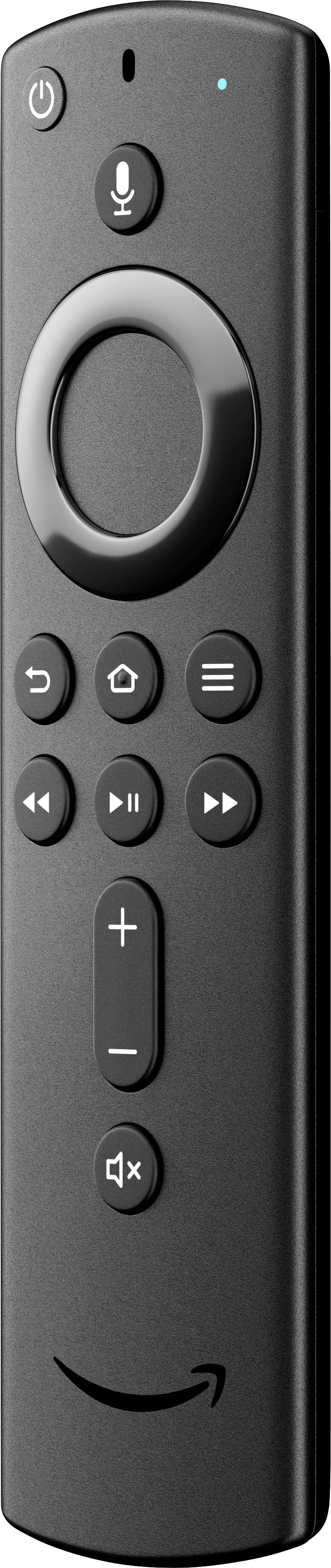Black remote control with directional pad, typical buttons such as volume control, play/pause, and microphone button for voice control.