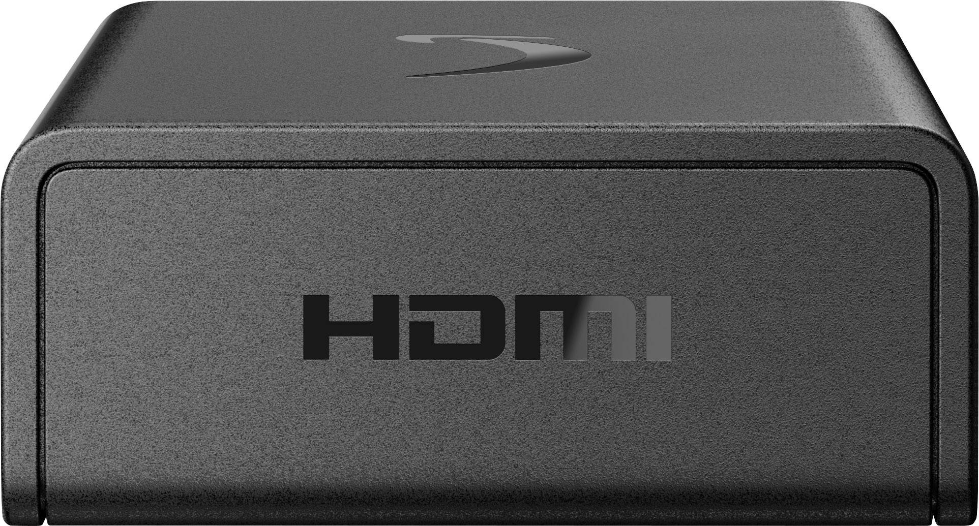 A black HDMI switch with an HDMI logo on the front, for connecting multiple HDMI devices to a television or monitor.