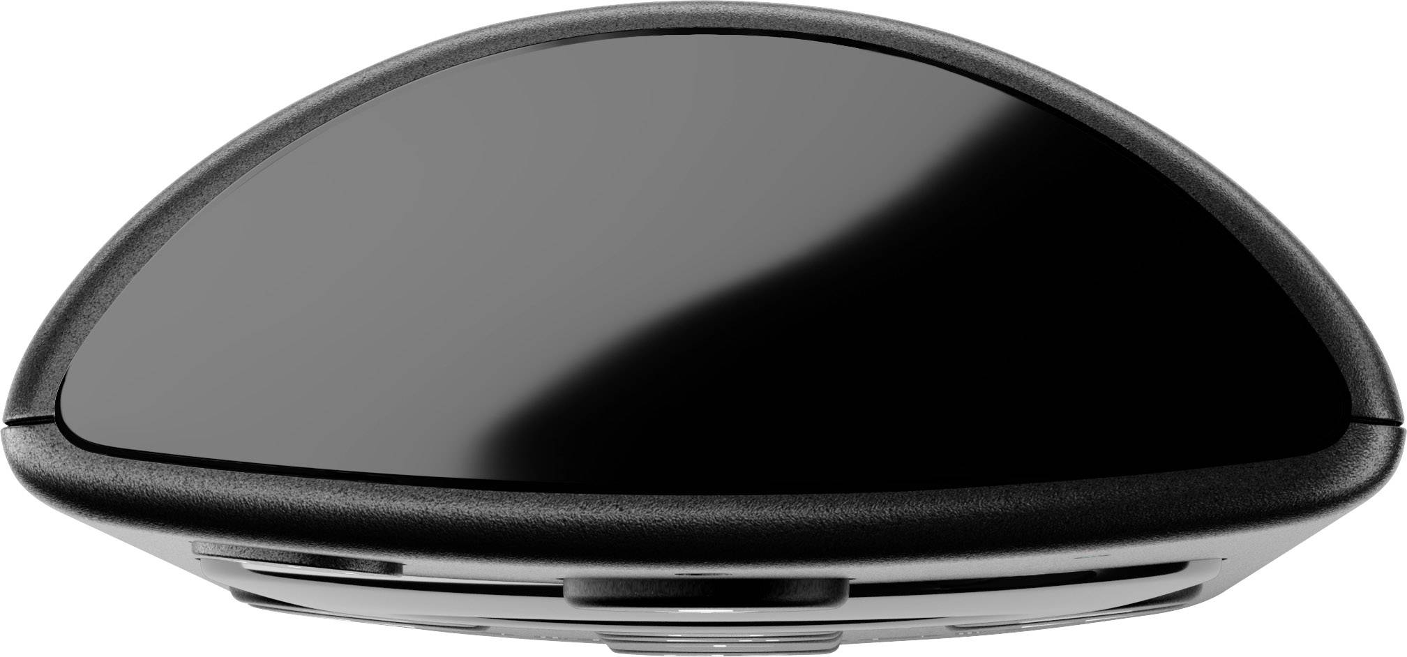 A black, curved computer mouse in close-up, viewed from above.